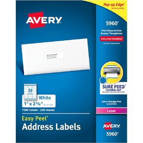 Avery Easy Peel Printable Address Labels with Sure Feed, 1" x 2-5/8" Customizable Stickers, White, 7,500 Blank Mailing Labels, Great for Mailing, Shipping, and More (5960)