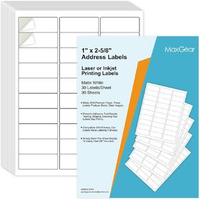 MaxGear 1" x 2-5/8" Address Labels 900 Labels, Mailing Sticker for Inkjet or Laser Printer, Matte White Paper Sheets, Strong Adhesive, Holds Ink Well, 30 Sheets