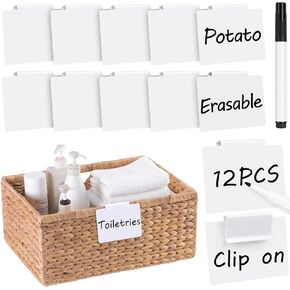 Utron 12pcs White Basket Labels, 3.5x2.7" Basket Labels Clip On, Bin Labels Clip On, Removable PVC Clip On Labels for Storage Bins Label Holders