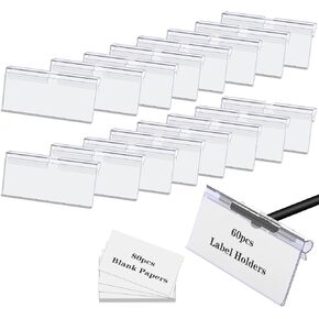 Storage Bin Labels Clip On,60PCS Clear Plastic Bin Labels Clips,Extra 80 Label Papers Included,Perfect for Wire Shelf,Baskets,Fabric Storage Cubes,Storage Closet,Cloth Bins,Food Pantry (6X4.2CM)