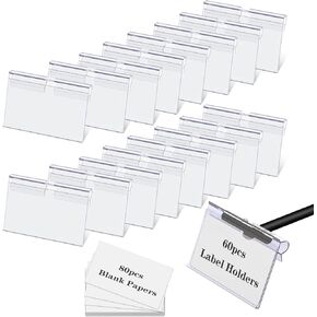 Storage Bin Labels Clip On,60PCS Clear Plastic Bin Labels Clips,Extra 80 Label Papers Included,Perfect for Wire Shelf,Baskets,Fabric Storage Cubes,Storage Closet,Cloth Bins,Food Pantry (6X4.2CM)