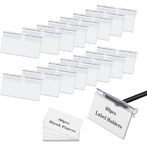 Storage Bin Labels Clip On,60PCS Clear Plastic Bin Labels Clips,Extra 80 Label Papers Included,Perfect for Wire Shelf,Baskets,Fabric Storage Cubes,Storage Closet,Cloth Bins,Food Pantry (6X4.2CM)