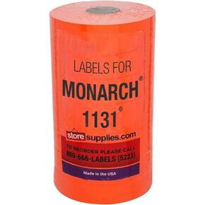 Fluorescent Red Pricing Labels to fit Monarch 1131 Pricers. 8 Rolls with 1 Free Ink Roller.