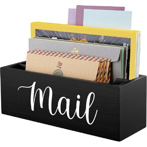 DRASTAR Mail Organizer, Mail Holder with 2 Slots, Mail Basket for Wall Table Countertop, Wood Desk Mail Organizer, Black Envelope Holder for Home Office Decor