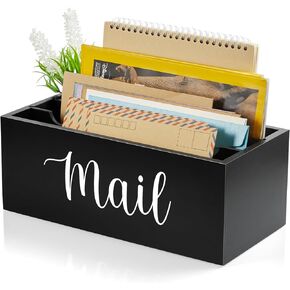 DRASTAR Mail Organizer, Mail Holder with 2 Slots, Mail Basket for Wall Table Countertop, Wood Desk Mail Organizer, Black Envelope Holder for Home Office Decor