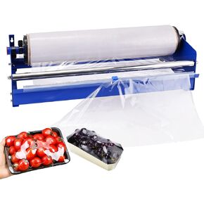 Hand Film Wrapping Machine 19.5" Manual Stretch Film Wrapper Cling Film Dispenser Tool for Food Tray Packaging (Blue)