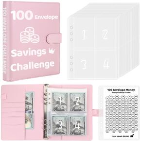 100 Envelopes Money Saving Challenge Binder, 1Pcs 2024 New A5 Budget Binder with Cash Envelopes, 2Pcs 6 Rings Savings Challenges Book, 3Pcs Laminated Budgeting Planning Tracker to Save $5050, (Black）