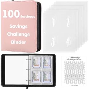 100 Envelopes Money Saving Challenge Binder with Laminated Tracker, Money Saving Challenge Budget Binder with Cash Envelopes, Savings Challenge Book with Zipper to Save $5,050 (Pink)