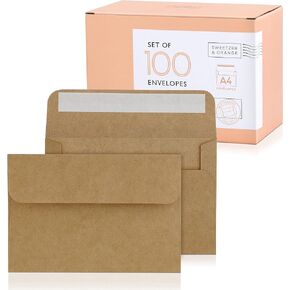 Sweetzer & Orange, A4 Brown Envelopes Self Seal. 100x Envelope and Box. Mailing Envelopes 4x6 (4.25 x 6.25 in.) Kraft 150gsm Self Sealing Envelopes, Blank 4x6 Envelopes for Invitations and Wedding