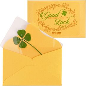 Genuine Real Four-Leaf Green Clover St. Saint Patric's Day Bookmarks Irish Shamrock Good Luck Charm for Smartphone Wallet Case Amulet Purse Coating Gift Thanks Card M