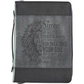 Christian Art Gifts Classic Faux Leather Bible Cover for Men and Women: Be Strong and Courageous - Joshua 1:9 Inspirational Bible Verse with Lion, Gray and Black, Medium