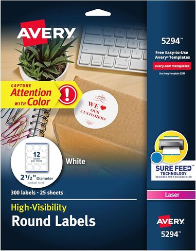Avery High Visibility Printable Round Labels with Sure Feed, 2.5" Diameter, White, 300 Customizable Blank Labels Total (5294) in Saudi Arabia