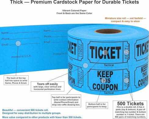 Tacticai 500 Raffle Tickets, Blue (8 Color Selection), Double Roll, Ticket for Events, Entry, Class Reward, Fundraiser & Prizes in Kuwait