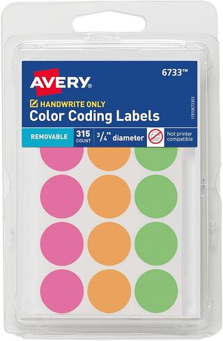 ملصقات قابلة للإزالة بترميز الألوان من Avery، ملصقات دائرية مقاس 3/4 بوصة، ألوان نيون متنوعة، غير قابلة للطباعة، إجمالي 315 ملصقًا منقطة (6733) in Kuwait