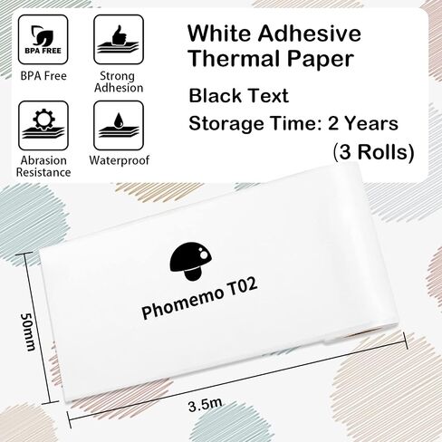 Memoqueen T02 White Adhesive Thermal Paper, Sticker Paper Printer Paper, 1.96" x 11.4' (50mmx3.5m/Roll), Compatible with T02 M02X M02L, Black Text, Keep for 2 Years, 3 Rolls in Kuwait