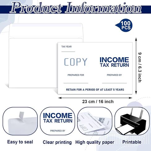 100 قطعة 9 × 6.3 بوصة مغلف إقرار ضريبة الدخل، مغلفات كتيب أمان ورقية، مظاريف إقرارات ضريبية جانبية مفتوحة لمجهزي الضرائب، المكتب، الأعمال، الكتالوج، المستندات القانونية، البريد، أبيض، 23 رطل in Kuwait