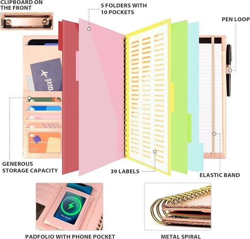 Clipboard with Storage for Men Women, Leather Padfolio Portfolio Organizer 5 Folders with 10 Pockets, Spiral Clipboard Folio with Notepad for Letter Size, Elastic Closure and Pen Loop Rose Gold in Saudi Arabia