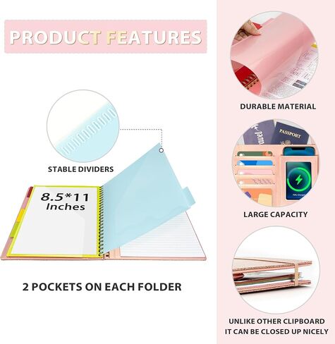 Clipboard with Storage for Men Women, Leather Padfolio Portfolio Organizer 5 Folders with 10 Pockets, Spiral Clipboard Folio with Notepad for Letter Size, Elastic Closure and Pen Loop Rose Gold in Saudi Arabia