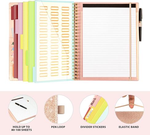 Clipboard with Storage for Men Women, Leather Padfolio Portfolio Organizer 5 Folders with 10 Pockets, Spiral Clipboard Folio with Notepad for Letter Size, Elastic Closure and Pen Loop Rose Gold in Saudi Arabia