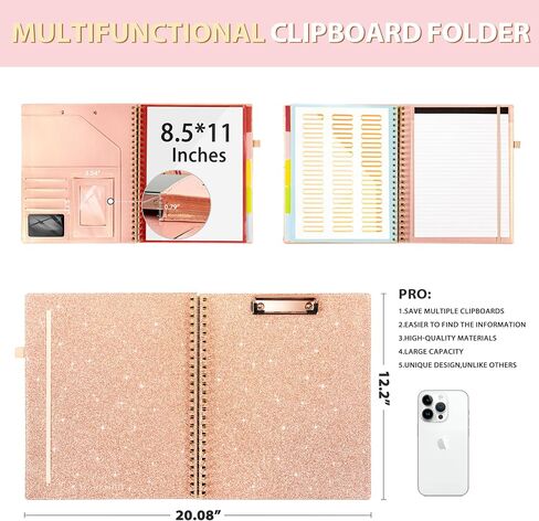 Clipboard with Storage for Men Women, Leather Padfolio Portfolio Organizer 5 Folders with 10 Pockets, Spiral Clipboard Folio with Notepad for Letter Size, Elastic Closure and Pen Loop Rose Gold in Saudi Arabia