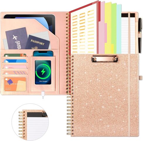 Clipboard with Storage for Men Women, Leather Padfolio Portfolio Organizer 5 Folders with 10 Pockets, Spiral Clipboard Folio with Notepad for Letter Size, Elastic Closure and Pen Loop Rose Gold in Saudi Arabia