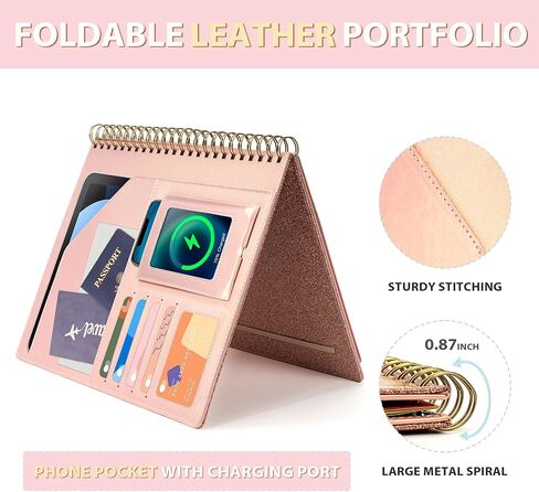 Clipboard with Storage for Men Women, Leather Padfolio Portfolio Organizer 5 Folders with 10 Pockets, Spiral Clipboard Folio with Notepad for Letter Size, Elastic Closure and Pen Loop Rose Gold in Saudi Arabia