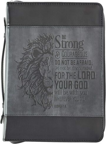Christian Art Gifts Classic Faux Leather Bible Cover for Men and Women: Be Strong and Courageous - Joshua 1:9 Inspirational Bible Verse with Lion, Gray and Black, Medium in Kuwait