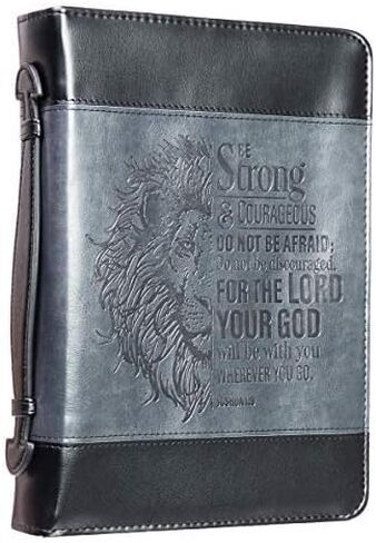 Christian Art Gifts Classic Faux Leather Bible Cover for Men and Women: Be Strong and Courageous - Joshua 1:9 Inspirational Bible Verse with Lion, Gray and Black, Medium in Kuwait