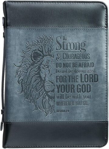 Christian Art Gifts Classic Faux Leather Bible Cover for Men and Women: Be Strong and Courageous - Joshua 1:9 Inspirational Bible Verse with Lion, Gray and Black, Medium in Kuwait