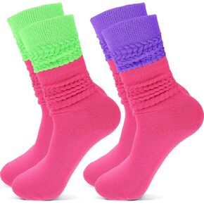 2Pair Neon Slouch Socks 80s 90s Leg Warmers Extra Long Scrunch Socks Long Stack Socks Legwarmers for Women Knee High Socks Size 9-11