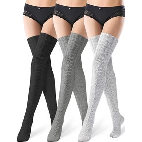 Jecery 3 Pairs Women's Thigh High Socks Cable Knit Over the Knee Boot Socks Warm Long Winter Stockings for Women Girls