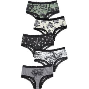 WDIRARA Women's 5 Pack Set Goth Graphic Print Mesh Sheer Lace Trim Mid Rise Underwear Briefs