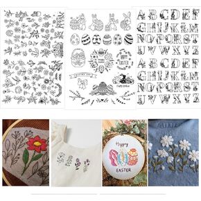 118Pcs Embroidery Patterns Water Soluble, Hand Embroidery Patterns with Pre-Printed Patterns Wildflower,Grass,Butterfly,Rainbow,Cat for Bags,Hats,Clothes