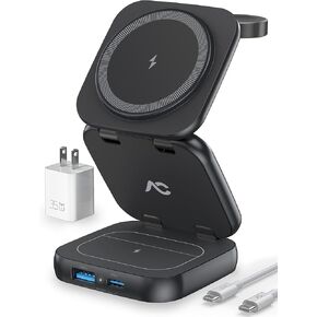 Wireless Charger for MagSafe, 5-in-1 Evolved Charging Stand, 15W Max Fast Portable Magnetic Station, Titanium Aluminum Foldable for iPhone 16/15/14/13 Series, Apple Watch, AirPods (with 35W Adapter)