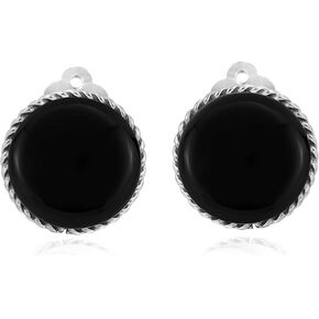AeraVida Vintage 18 mm Round Simulated Black Onyx Button .925 Sterling Silver Clip On Earrings | Classic Sterling Silver Cuff Earrings for Women
