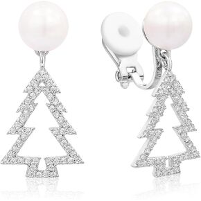 SELOVO Cute Christmas Tree Dangle Clip on Earrings Clear Zircon Simulated Pearl Silver Tone