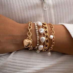 Punk Hip hop Set 5pcs Bracelet Heart Charm Pendant Bracelet Baroque Pearl Bracelet for Women and Girls (Gold)