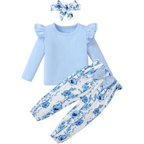 SANMIO Toddler Girl Clothes Outfits Cute Ruffle Sleeve Shirt Floral Pant+Headband 3Pcs Baby Girl Clothing Set 1-5T