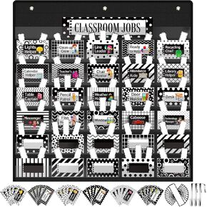 Class Jobs Pocket Chart for Classroom with 111 Cards and 3 Hooks Teacher's Helper Classroom Management Educational Pocket Chart for School Classroom Home(Eucalyptus)