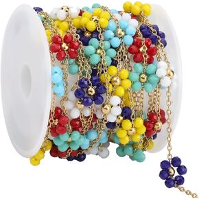 SMYHTGLIF 3 Meters Gold Stainless Steel Chain for Jewelry Making Mixed Color Flower Shaped Crystals Chain Bulk Gold Beaded Craft Jewelry Making Chains