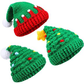 Jadive 3 Pieces Unisex Christmas Knit Beanie Santa Hat Winter Warm Crochet Cap with Fur Pom Pom Handmade Knitted