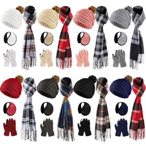 32 Packs Women Winter Hat Scarf Gloves Ear Warmer Set Knitted Beanie Hat with Pom Plaid Scarf Touchscreen Gloves Warm Earmuffs