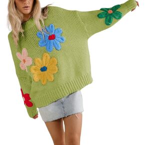 Women Floral Sweater Long Sleeve Round Neck Casual Lounge Colorful Flower Knit Pullover Top
