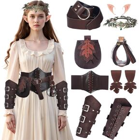 11Pcs Renaissance Fairy Costume Accessories for Women Halloween Cosplay Medieval Viking Elf Ears Brown Belt Waist Corset Knight Leather Pouch Potion Bottle Arm Guards for Renaissance Dress Up Cosplay