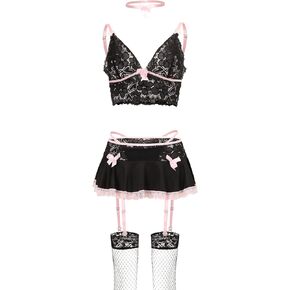 Sexy Skirt Choker Stocking Bows Wireless Lace Garter Lingerie Set