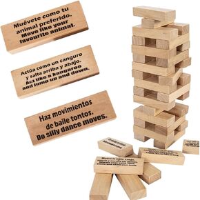 Spanish Stacking Tower Game | Bilingual Block Game for Kids Adults | Perfect for Family, Classroom | 54 Blocks with Hilarious Commands | Ideal Board Game