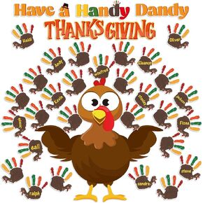 B1ykin 78Pcs Thanksgiving Thankful Hands Turkey Bulletin Board Decoration, Big Size Turkey and Handprint Cutout Door Decor, Elementary Kindergarten Preschool Chalkboard Wall Decorations Supplies