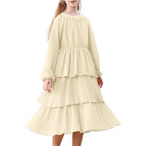 Neutocd Girls Long Sleeve Dress Ruffle Tiered Layered Girls Fall Dress Flowy Crew Neck A Line Midi Girl Causal Party Dress