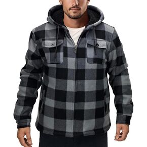 Men's Flannel Jacket Hoodie Full Zip Up Plaid Thick Fleece Sherpa Lined Sweatshirt Winter Warm Coats