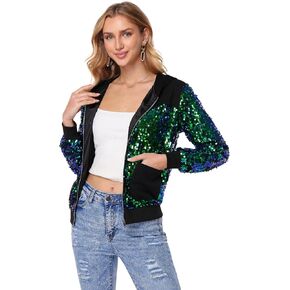 Women's Sequin Jacket Sparkly Bomber Long Sleeve Color Block Zipper Hoodie Casual Party Blazer With Pockets